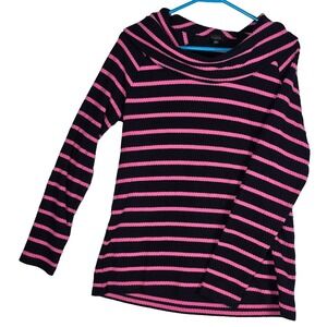 Talbots Sweater M Navy Pink Stripe Waffle Knit Cowl Neck‎ Pullover Casual Top